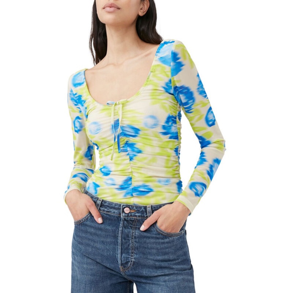 GANNI Printed Mesh U Neck Blouse